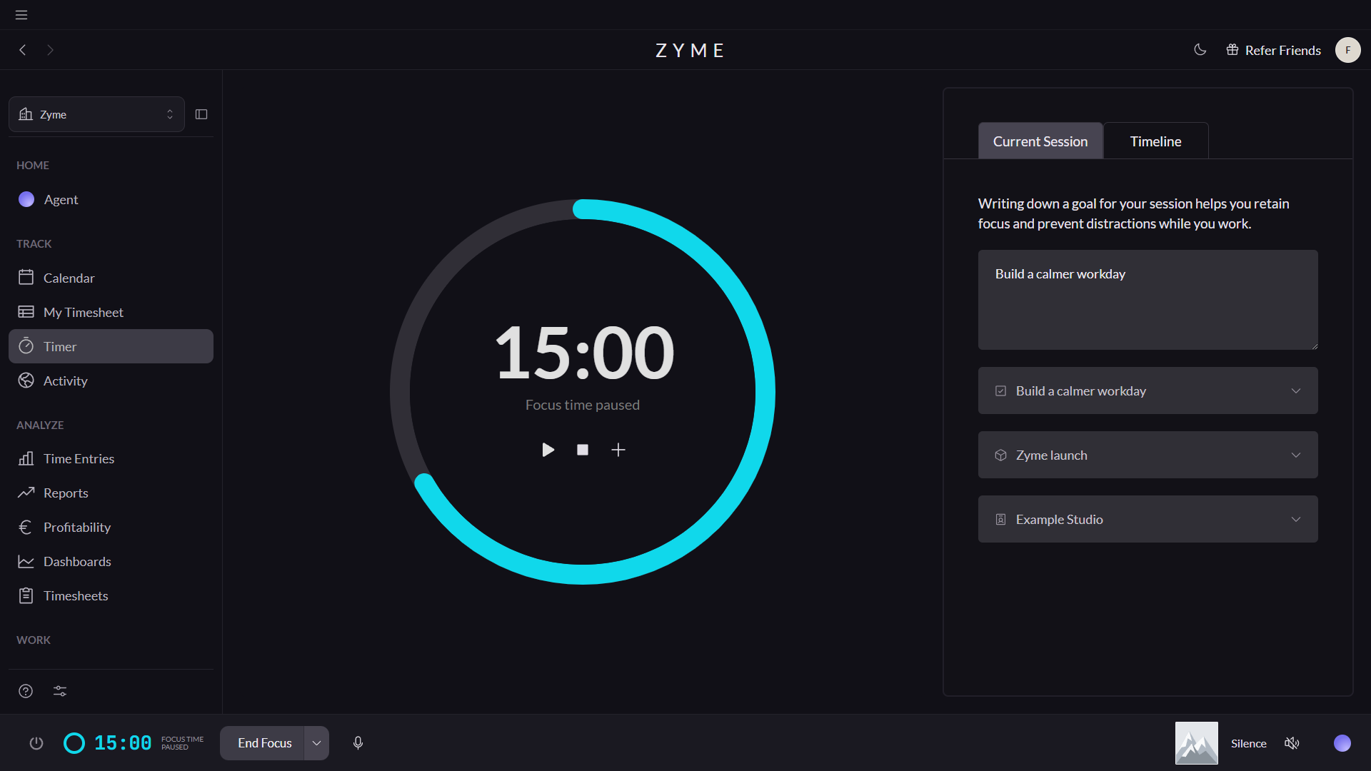 The Zyme focus timer showing a paused 15-minute session, cropped from the real app.